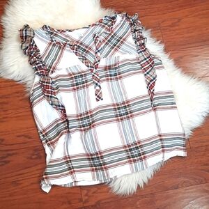 Time & Tru Ruffle Sleeve Plaid Blouse